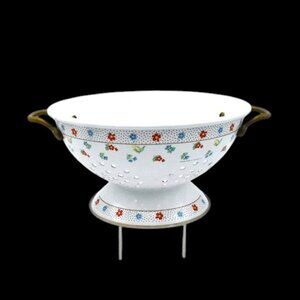 Vintage M. Kamenstein Inc. Colander White Enamel Floral Brass Handles